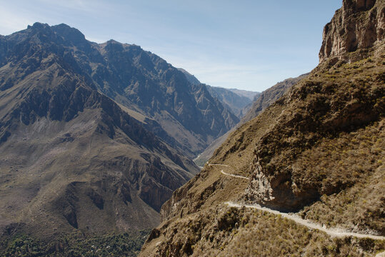 View of valley and mountain path, Colca Canyon, Peru