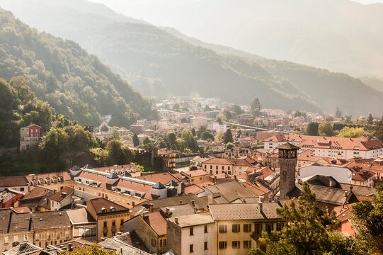 View of rooftops and the three castles of Bellinzona, Ticino, Switzerland