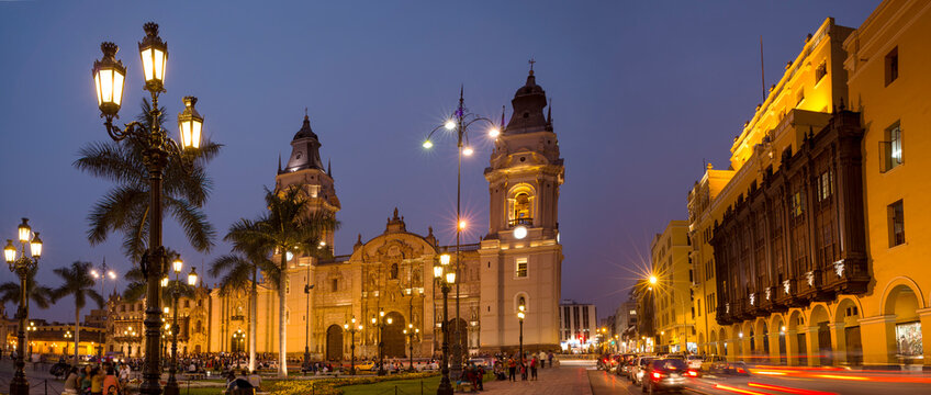 Panoramic view of the cathedral of Lima at night, Peru, South America