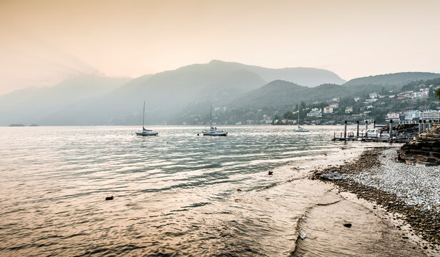Misty view of Lake Maggiore, Ascona, Ticino, Switzerland