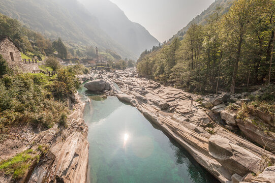 View from Ponte dei Salti bridge over the Verzasca river near Lavertezzo, Ticino, Switzerland