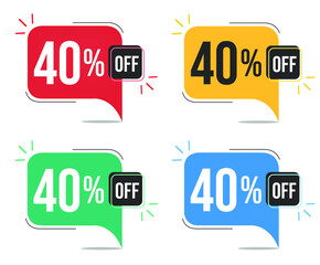 40% off. Red, yellow, green and blue tags with forty percent discount. Banner with four colorful balloons with special offers vector.