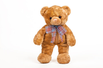 Teddy bear stopped on white background.