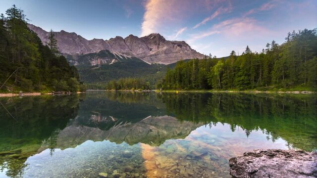 Lake eibsee bavaria germany at morning nature landscapes motion dolly time lapse footage in 4k.