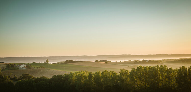 Panoramic view of landscape at sunrise, Prades, Midi Pyrenees, France