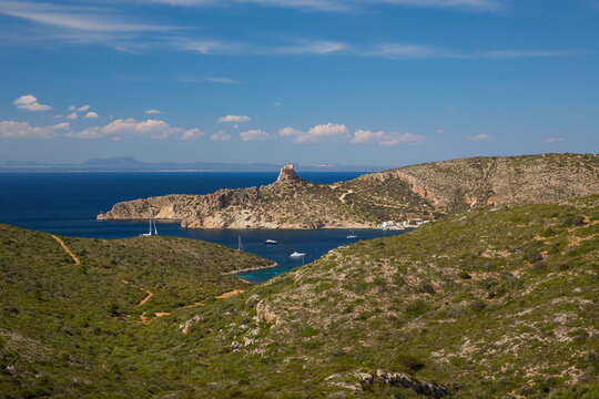 Distant view of castle and bay, Cabrera National Park, Cabrera, Balearic Islands, Spain
