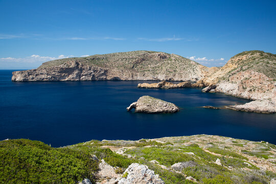 View of rock formations and bay, Cabrera National Park, Cabrera, Balearic Islands, Spain