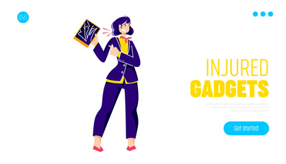 Fototapeta premium Woman with broken tablet computer with cracks on screen for template landing page