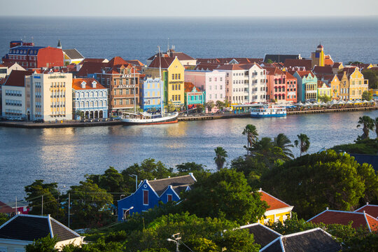 High angle view of traditional multi colored town houses on waterfront, Punda, Willemstad, Curacao, Caribbean