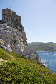 Castle on cliffs, Cabrera National Park, Cabrera, Balearic Islands, Spain