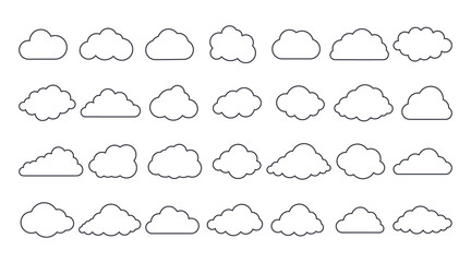 Vector cloud icons. Editable stroke. Set of 28 sign line art. Meteorology weather forecast interface element, information cloud storage database. Internet communication network saving data - 376766531