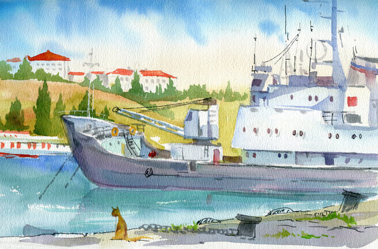 Watercolor landscape with ships. A pier with old ships. Coast of the South Bay in Sevastopol, Crimea.
