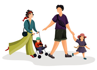 The family is walking with the children. Mom with a stroller, dad leads her daughter by the hand. A happy family.
