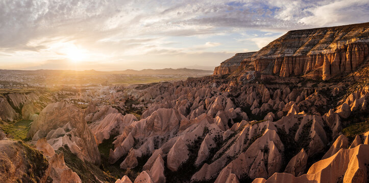 View from Aktepe Hill of sunset over Red Valley, Goreme National Park, Cappadocia, Anatolia, Turkey