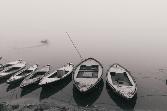Fishing boats in a row, Varanasi, Uttar Pradesh, India