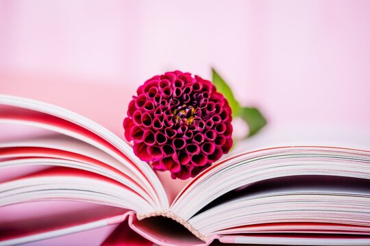 Burgundy dahlia flower and open book on a light pink background