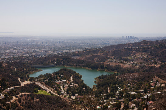 Aerial view of the Hollywood Reservoir and Los Angeles, California, USA