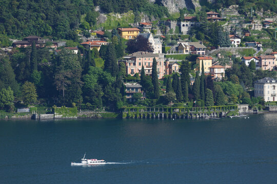 Elevated view of ferry and the village of Laglio village, Lake Como, Italy