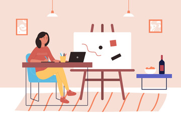 Freelance illustrator art work flat vector illustration. Cartoon happy young woman freelancer artist designer character working with laptop, sitting at home desk workplace, digital design background