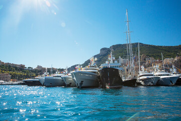 Elevated view of superyachts in marina at Monaco yacht show
