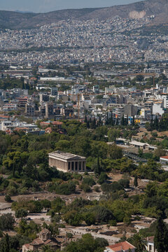 Aerial view of Ancient Agora and the Hephaestus Temple, Athens, Greece