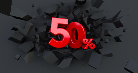 Abstract Explosion Background. 50 fifty percent sale. Black friday idea. up to 50%. 3D render - obrazy, fototapety, plakaty