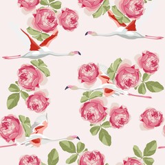 Flying flamingo seamless pattern with pink garden roses.