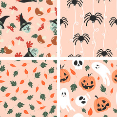 Collection of seamless halloween patterns in childish doodle style. Retro colors, funny autumn textures with ghosts, witch, black cats, spiders, bats, sculls and pumpkins
