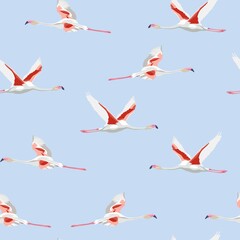 Flying flamingo seamless pattern on blue background.
