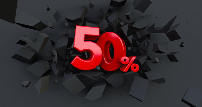 Abstract Explosion Background. 50 fifty percent sale. Black friday idea. up to 50%. 3D render