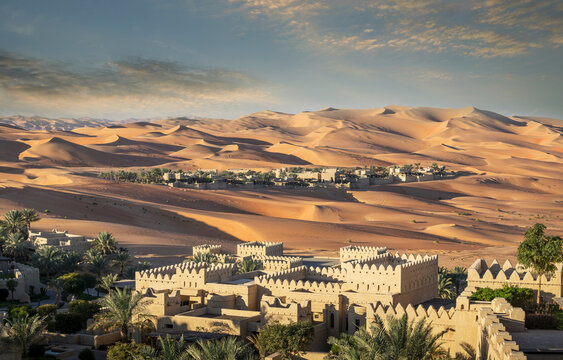 High angle distant view of Qsar Al Sarab desert resort, Empty Quarter Desert, Abu Dhabi, United Arab Emirate