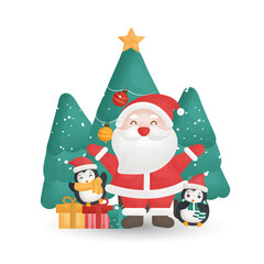 Cute Santa clause  and gift boxes in water color style for greeting card.