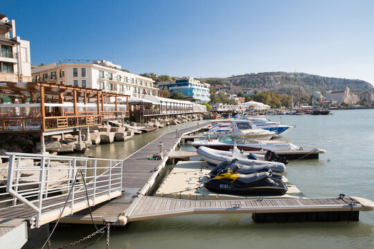 Boats moored at waterfront, Balchik, Bulgaria