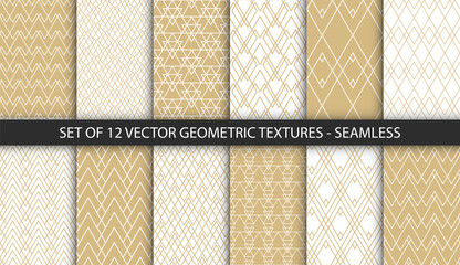 Set of 12 vector seamless geometric patterns. Simple rhombus and triangle textures. Vintage gold and white backgrounds for your design