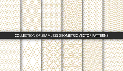 Set of 12 vector seamless geometric patterns. Simple rhombus and triangle textures. Vintage gold and white backgrounds for your design