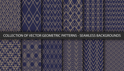 Set of 12 vector seamless geometric patterns. Simple rhombus and triangle textures. Vintage gold and dark blue backgrounds for your design