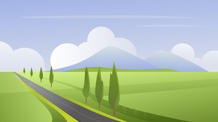 Summer simple rural landscape vector illustration. Cartoon flat summertime panoramic natural farmland with empty asphalt road, leading to horizon, growing trees on roadside, scenic nature background