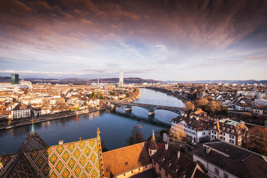 High angle view of river Rhine and rooftops of Basel, Switzerland