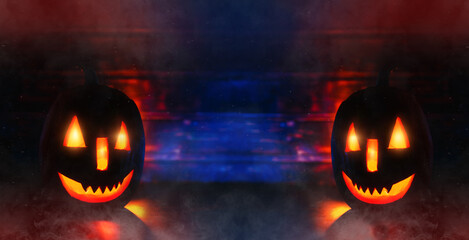 Halloween Pumpkins on neon wood with smoke. Halloween background with  copy space.