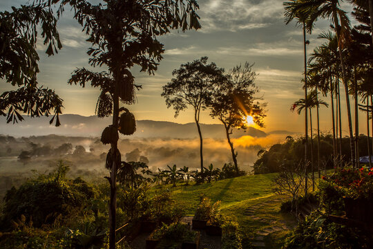 Sunrise over Myanmar and Las and Ruak river, Golden Triangle, Chiang Rai, Thailand