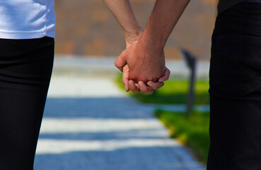 Couple hold hands in green garden on sunset