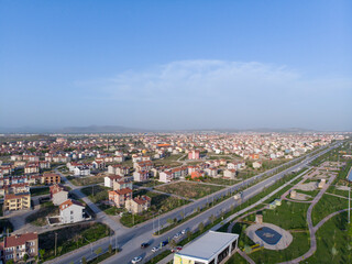 Fototapeta na wymiar Aerial view to the beautiful part of Afyon city small historical city that is new tourist attraction in Turkey