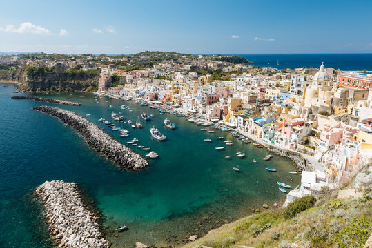 Elevated view of buildings and waterfront at Procida island, Campania, Italy