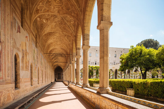 Sunlit portico and gardens, Naples, Campania, Italy
