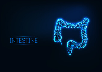 Futuristic glowing low polygonal intestine isolated on dark blue background.