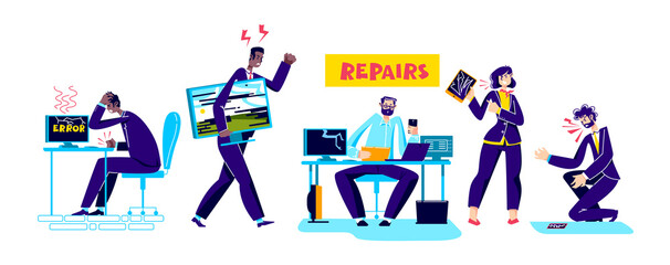 Computer and gadget repair service set with people holding broken computer, tablet and smartphone