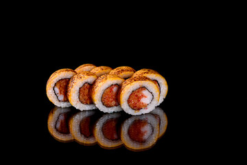 Fresh sushi rolls prepared from the best varieties of fish and seafood