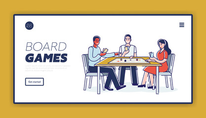 Playing board games landing page template with friends spending time at game