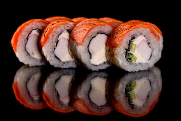 Fresh sushi rolls prepared from the best varieties of fish and seafood