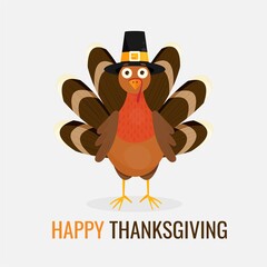 Vector illustration of happy thanksgiving turkey wearing piligrim hat